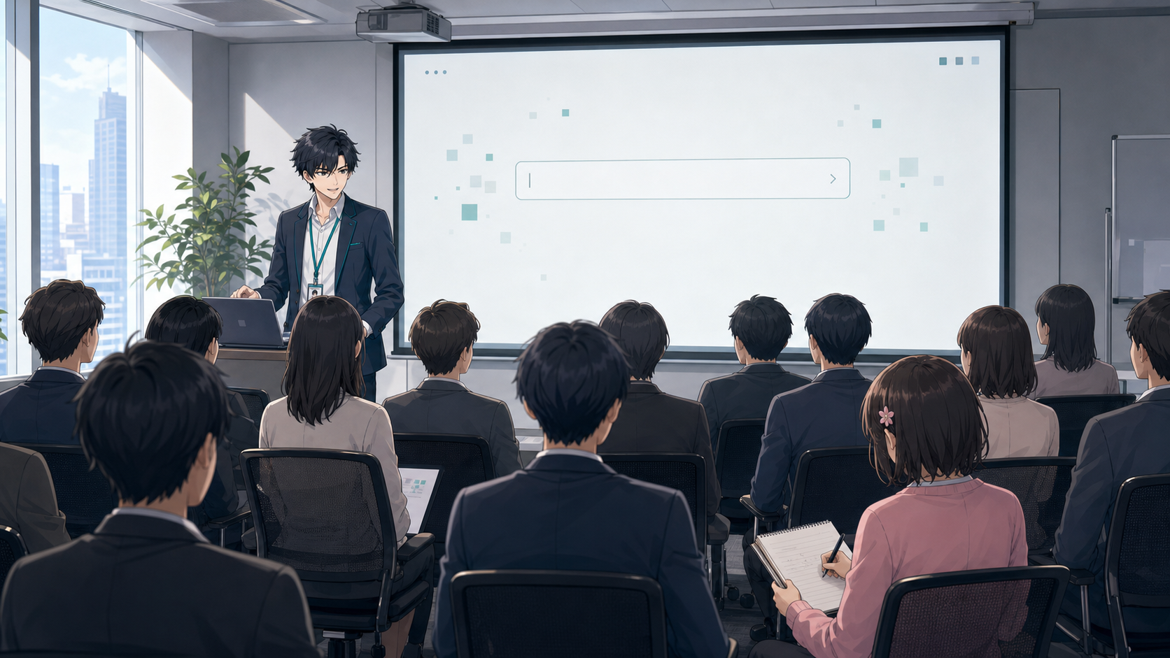 昼の社内LT会で、入力ボックスひとつだけの白いチャット画面がプロジェクターに大きく映り、翔太が発表し、後方の席で桜子がメモ帳に書き留めている
