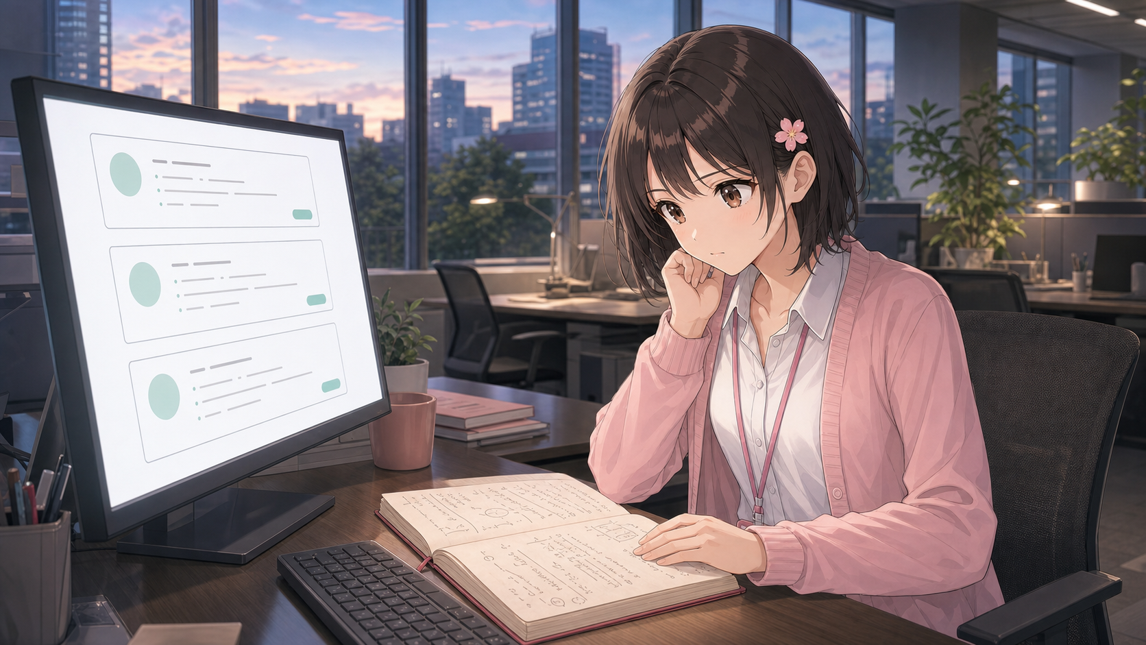 初夏の夕方のオフィスで、白いチャット画面に並んだ三つの提案と、手書きの観察ノートを、桜子が少し眉を寄せて見比べている